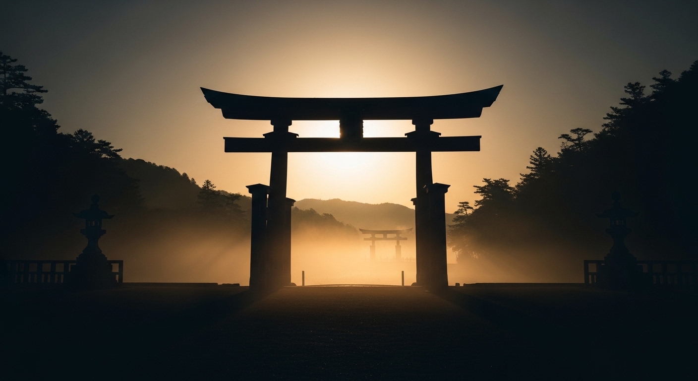 Japanese torii gate at dawn with golden morning light