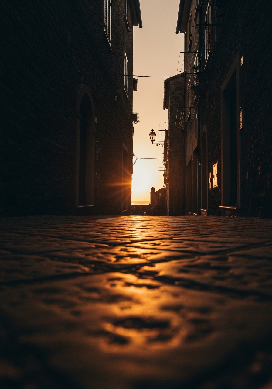 European cobblestone street at golden hour
