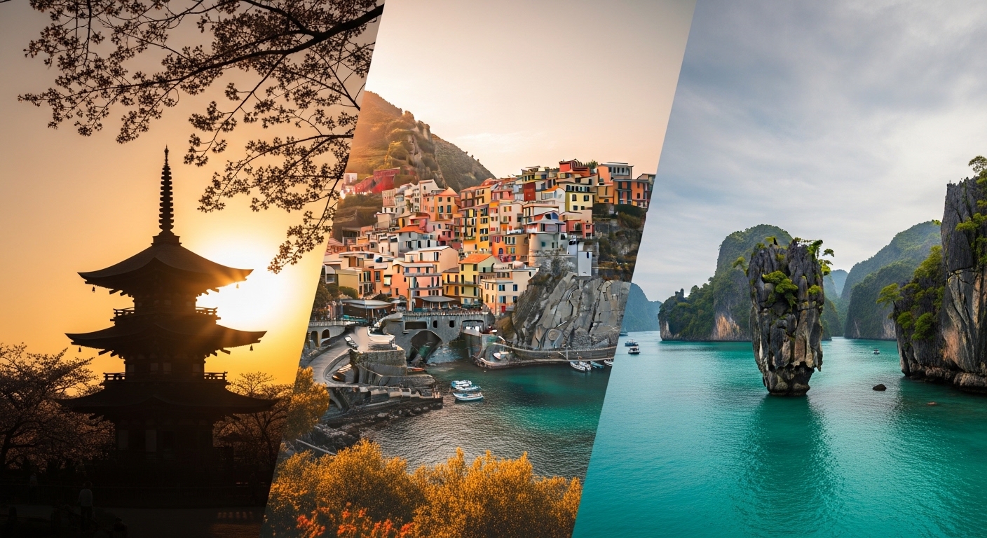 Hero image showcasing Japan, Europe, and Southeast Asia destinations at golden hour