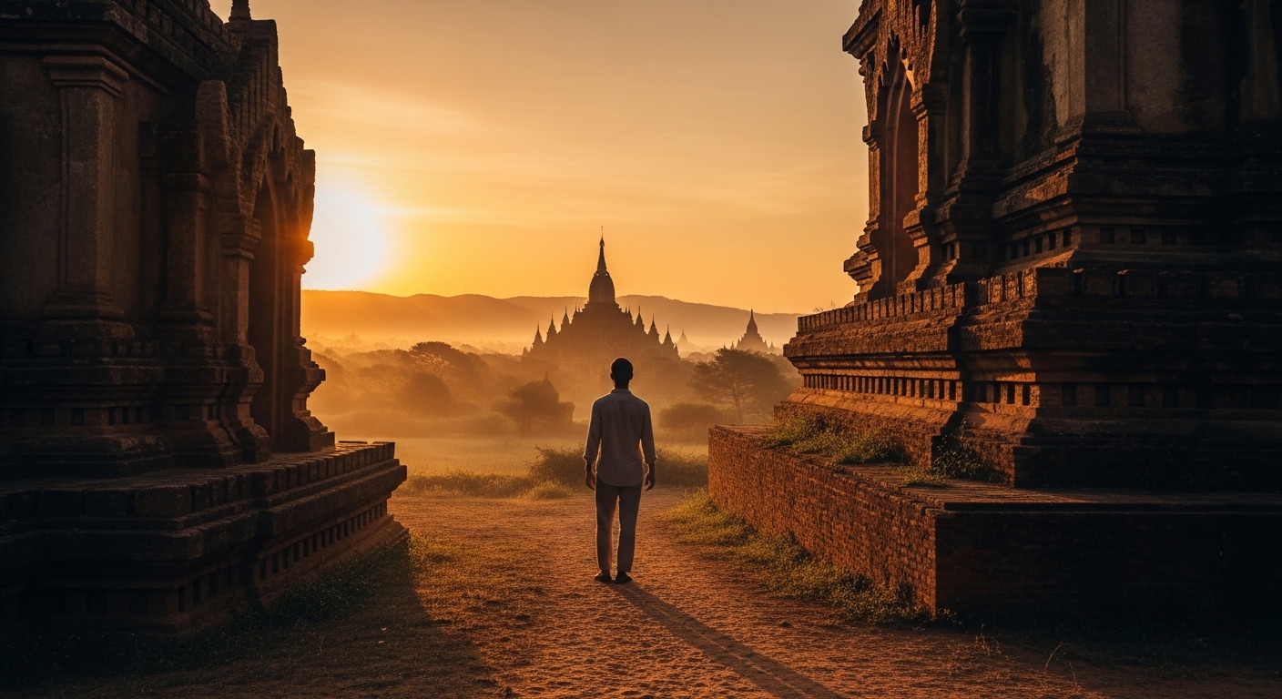 Traveler watching golden sunrise over ancient temple pagodas in Bagan