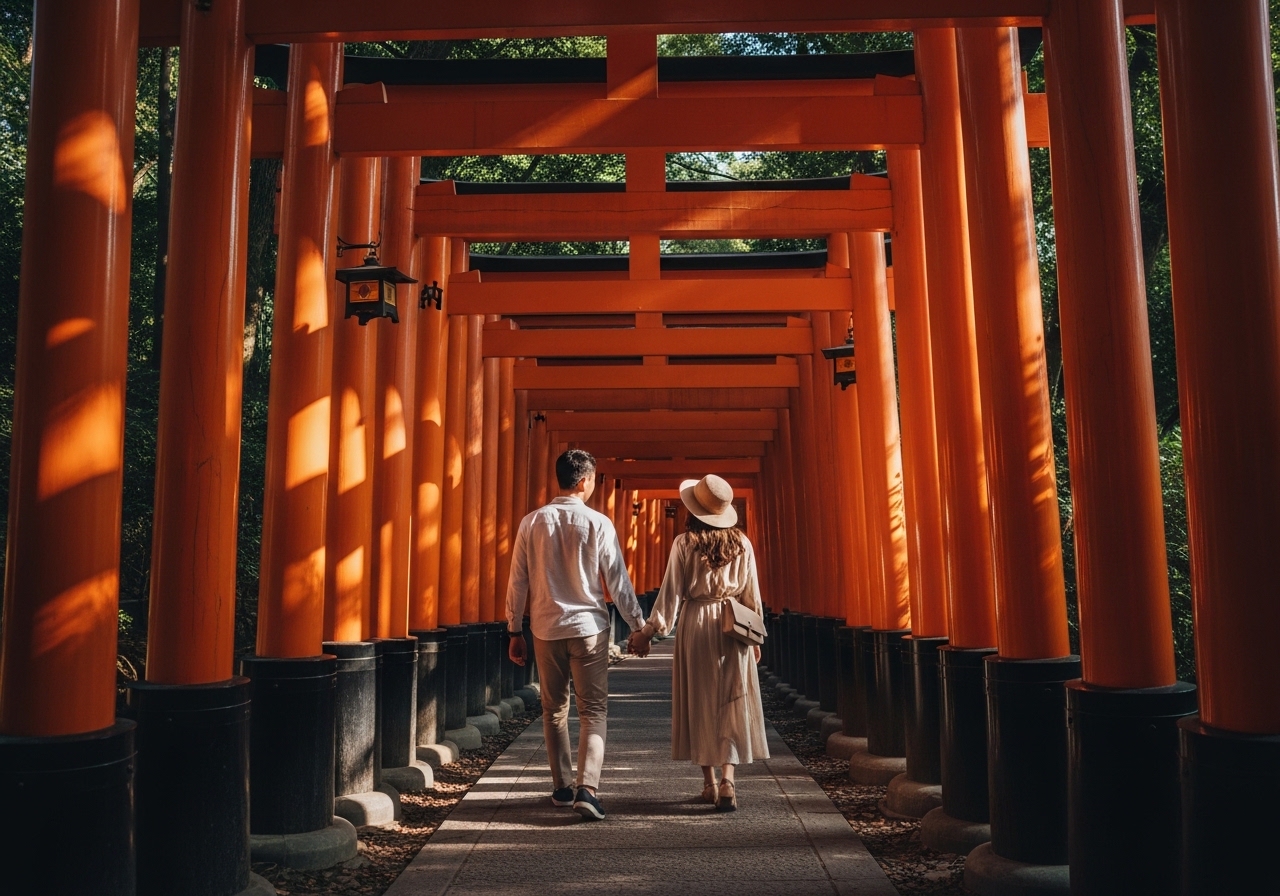 Couple walking through orange torii gates at Fushimi Inari shrine in Kyoto