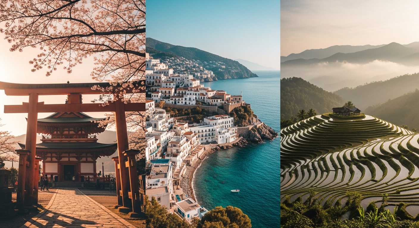Three dream destinations: Japan temples, Mediterranean coast, and Southeast Asian rice terraces